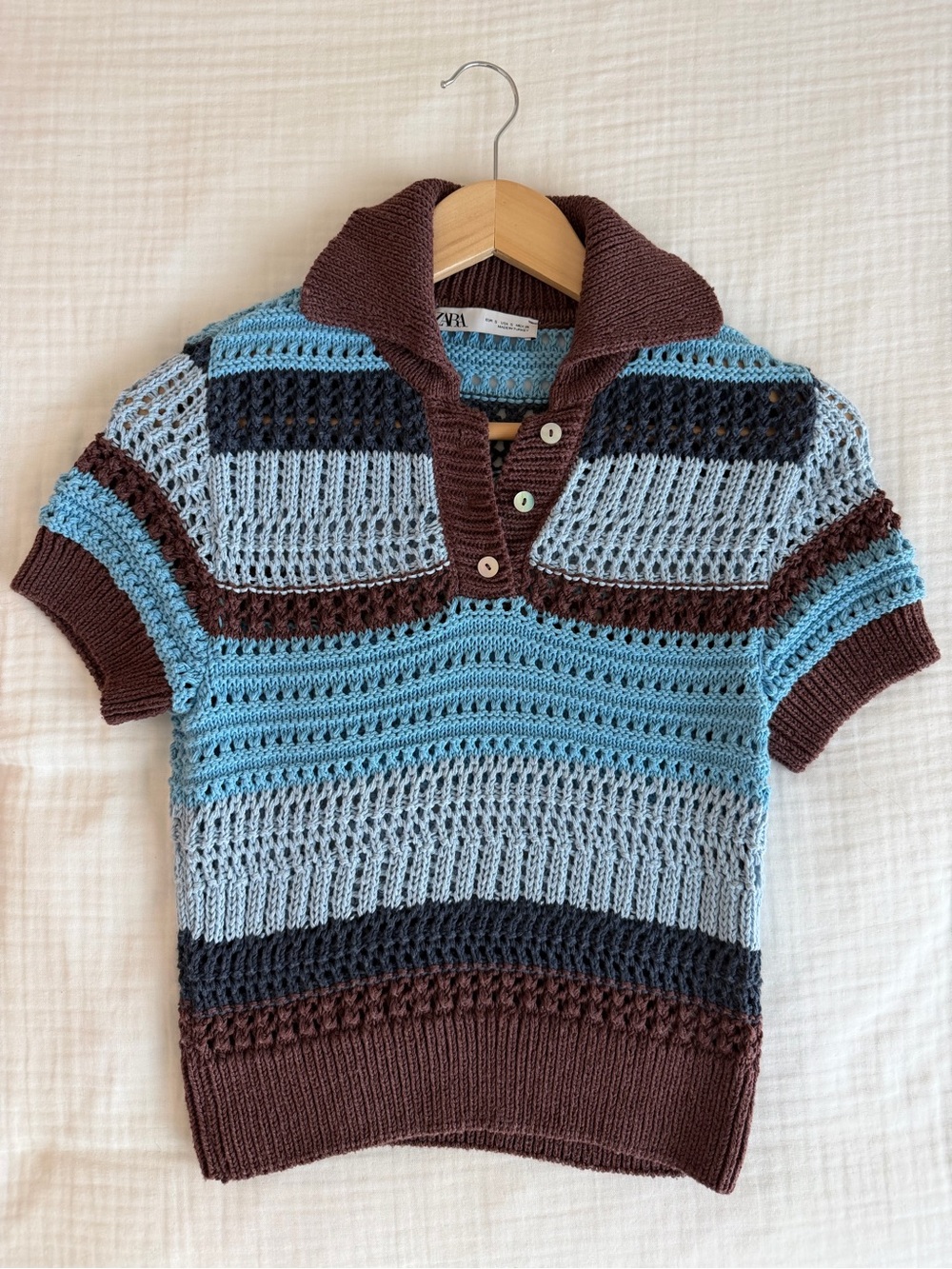 Zara Open-Knit Short-Sleeve Polo in Light Blue and Brown